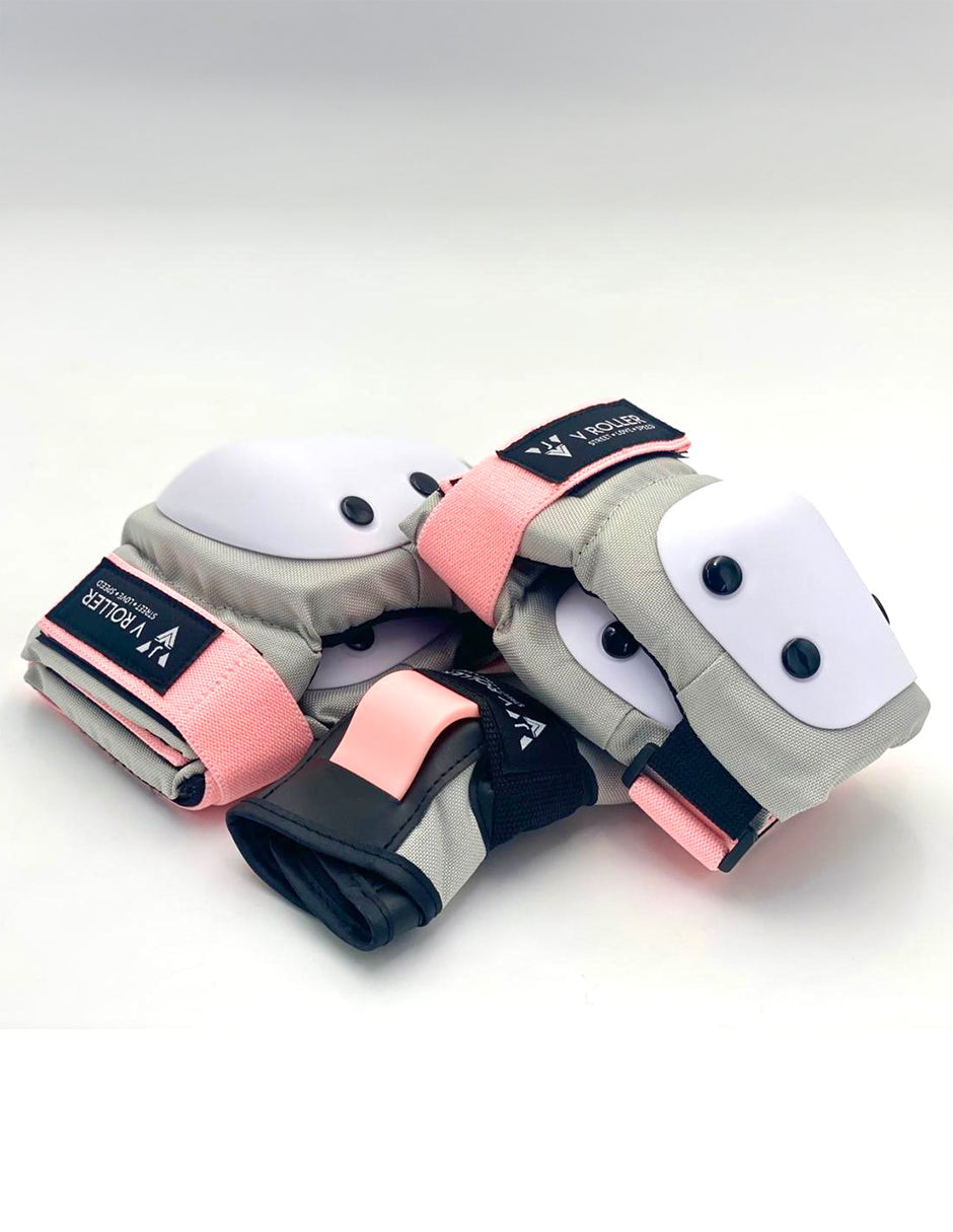 Equipo de protecciones Muñequeras, Coderas y Rodilleras VRoller Gris Rosa