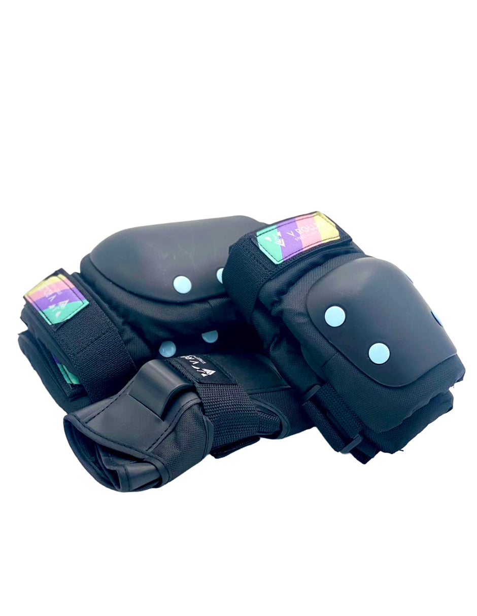 Equipo de protecciones Muñequeras, Coderas y Rodilleras VRoller Negro Arcoiris