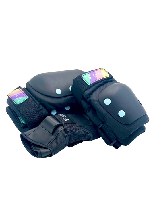 Equipo de protecciones Muñequeras, Coderas y Rodilleras VRoller Negro Arcoiris